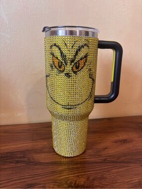 The Grinch Big Face 40 Oz Green Rhinestone Stainless Steel Tumbler w/ Handle